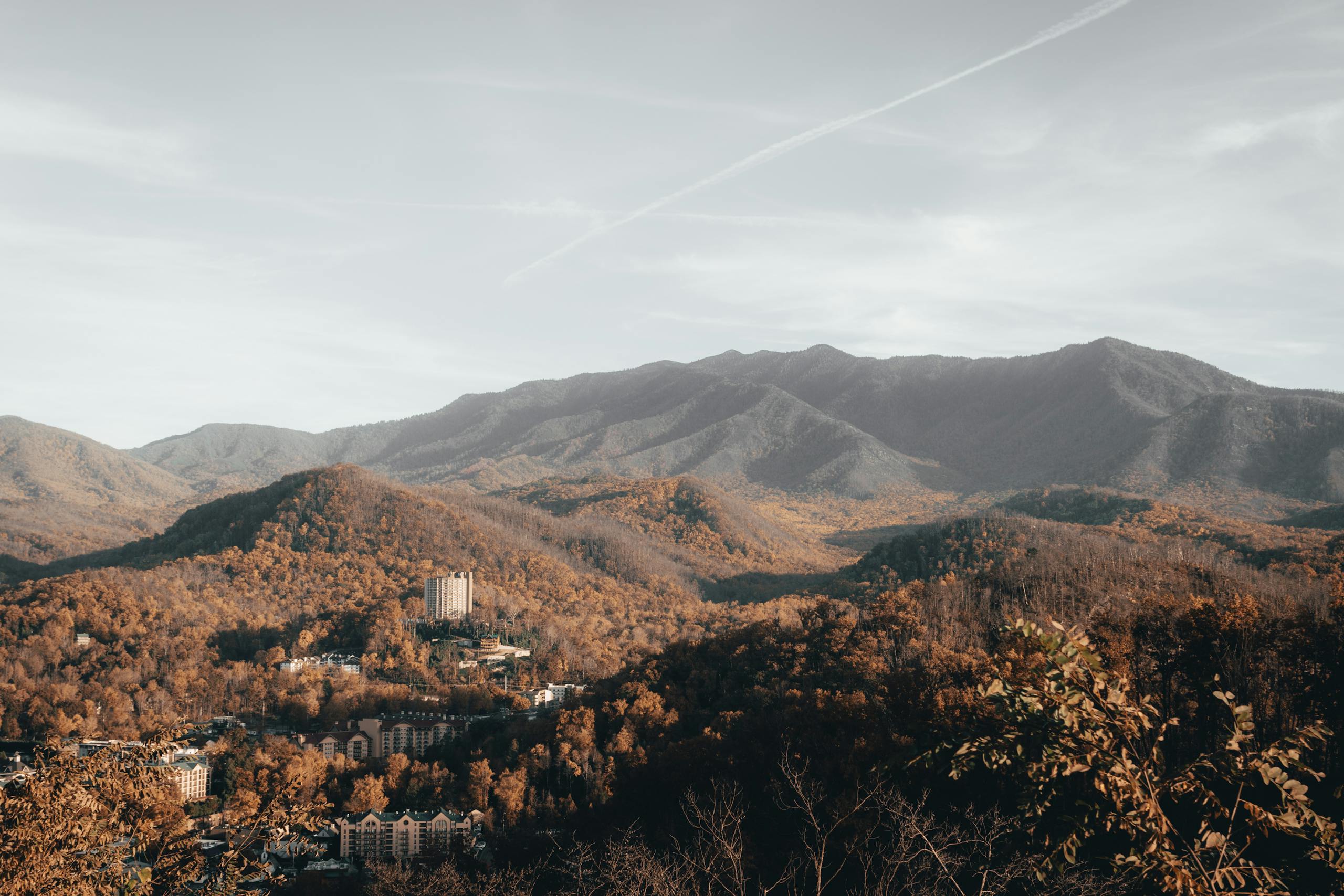 Breathtaking view of Gatlinburg's mountains in fall, showcasing vibrant foliage and serene scenery.