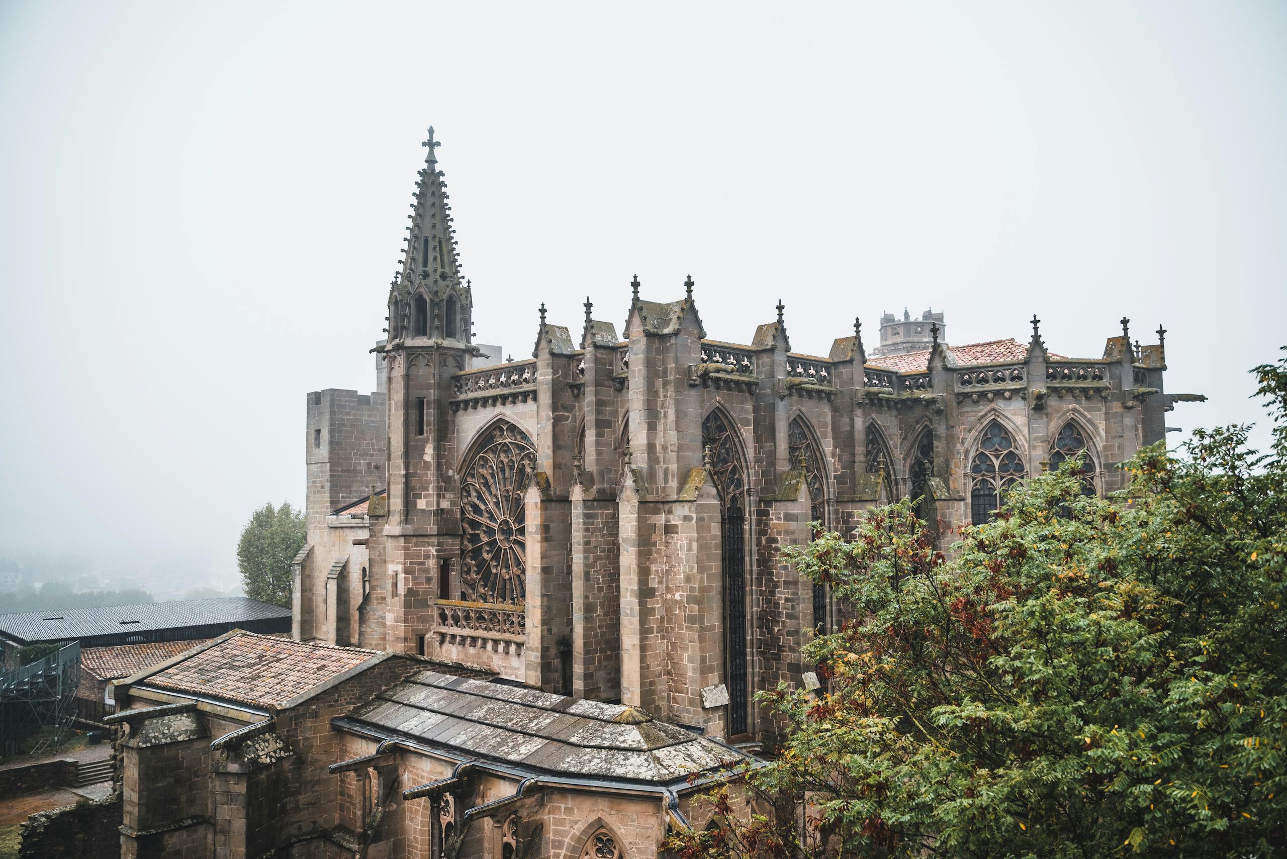 Stunning Gothic architecture of Carcassonne Cathedral in France on a misty day.