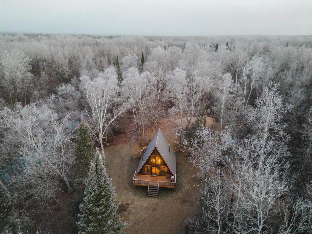 A-frame cabin with glowing windows nestled among frost-covered, leafless trees in a snowy forest, seen from above.