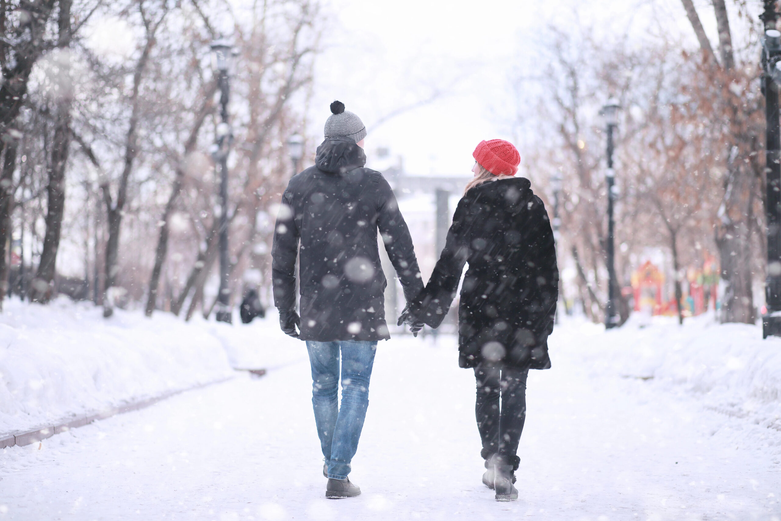 Two people in winter clothes walk hand in hand down a snowy tree-lined path as snow falls gently around them.