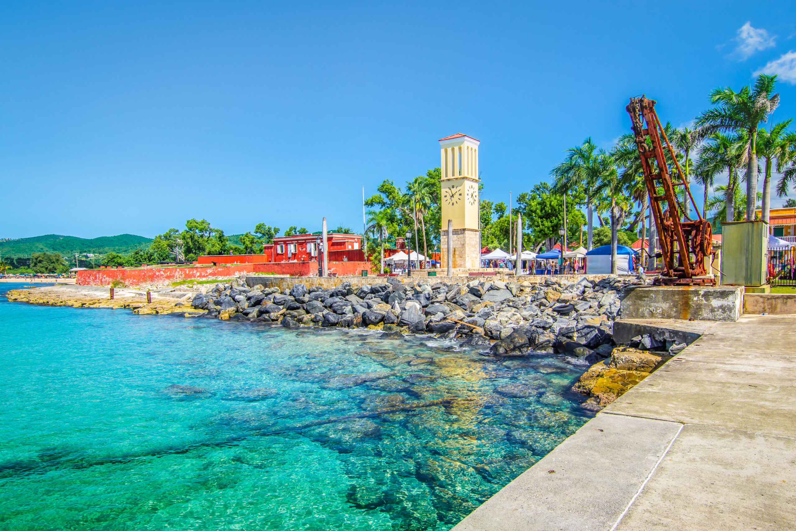 A dock in St. Croix, U.S. Virgin Islands with turquoise waters and blue sky.