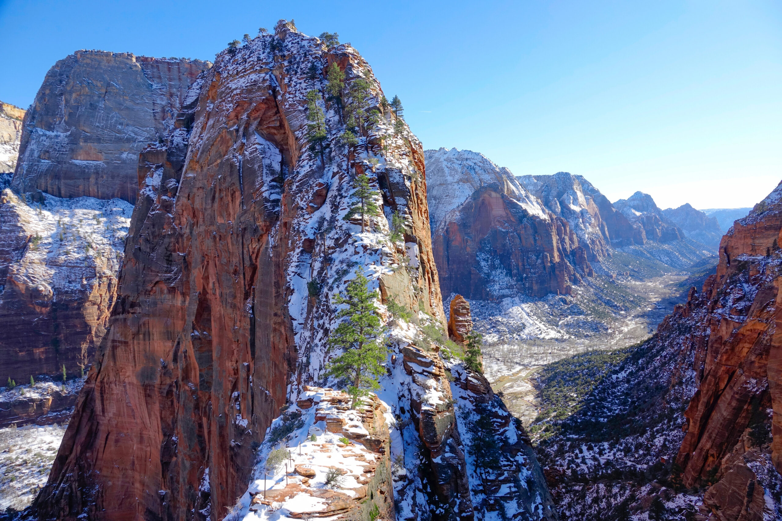 Picturesque aerial view of Zion National Park in the winter.