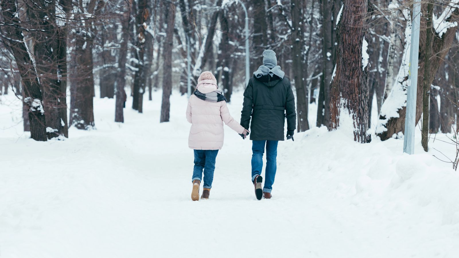 Two people in winter coats and hats walk hand in hand on a snowy forest path lined with trees.