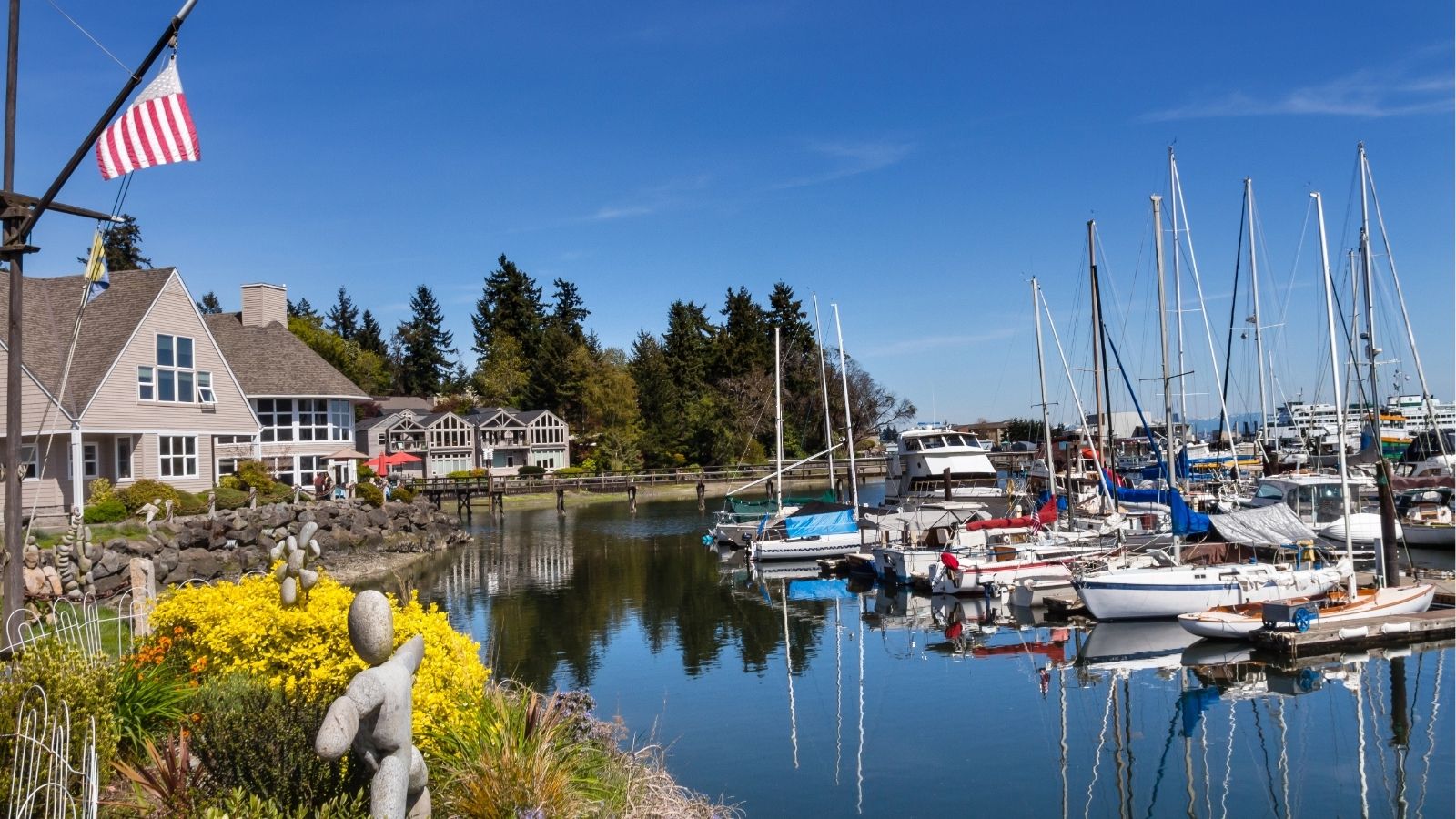 Sailboats dock in a calm marina with a house, trees, and an American flag on a pole in the background.