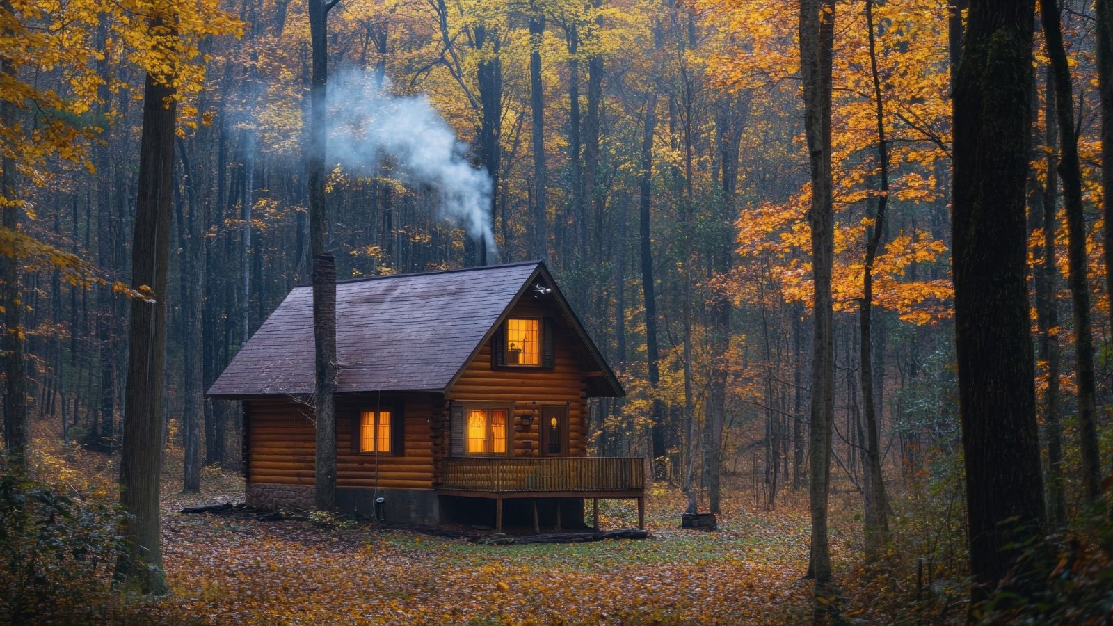 A small, lit-windowed log cabin stands among autumn trees, smoke wafting from its chimney over a ground strewn with leaves.