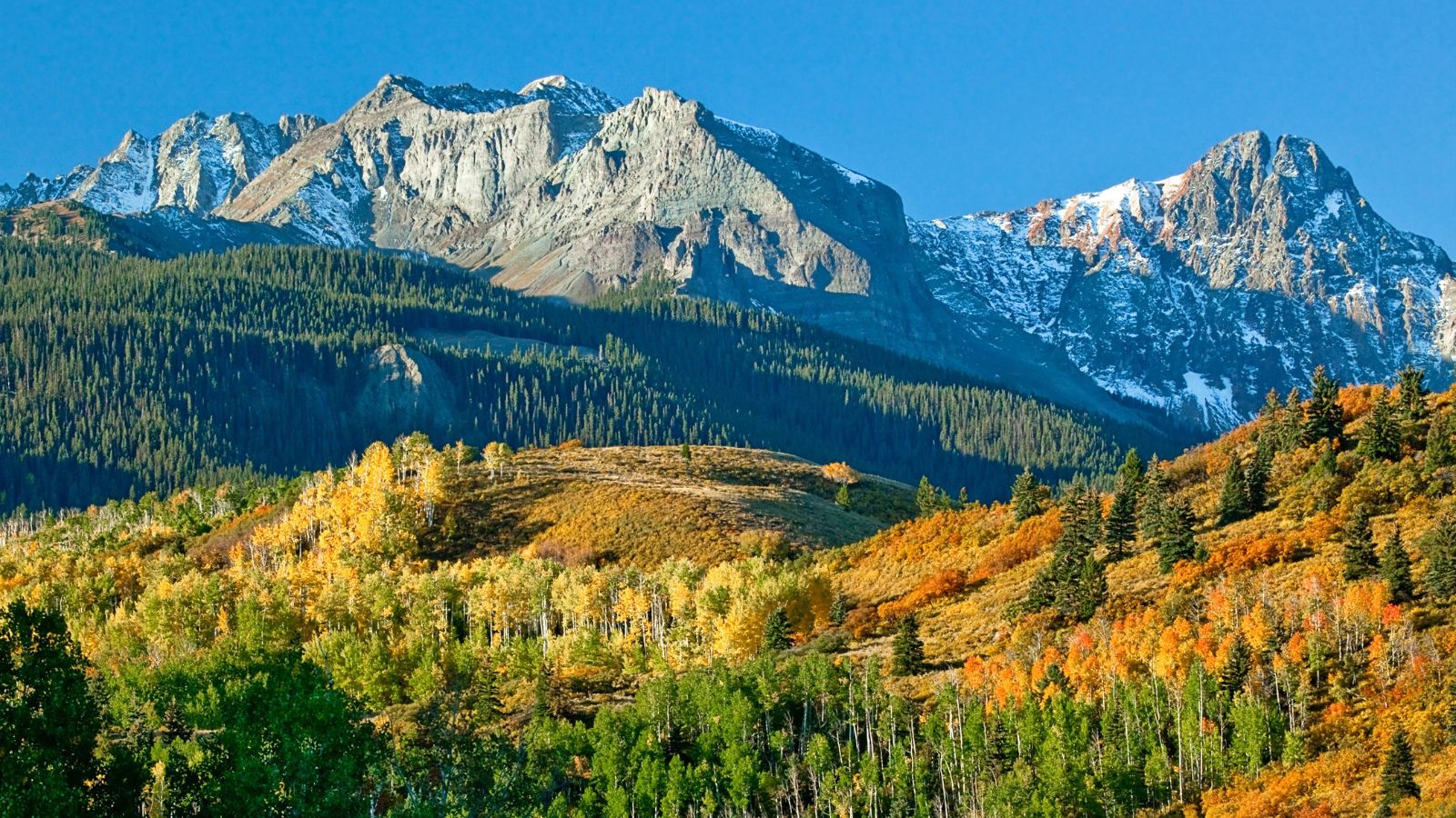 Mountain landscape featuring snow-capped peaks, pine forests, and autumn foliage beneath a clear blue sky.