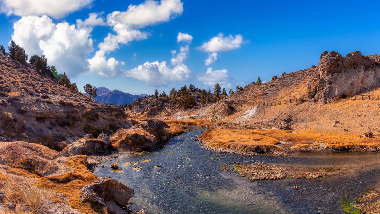 A clear river winds through a rocky, arid landscape with scattered trees beneath a bright blue sky with clouds.