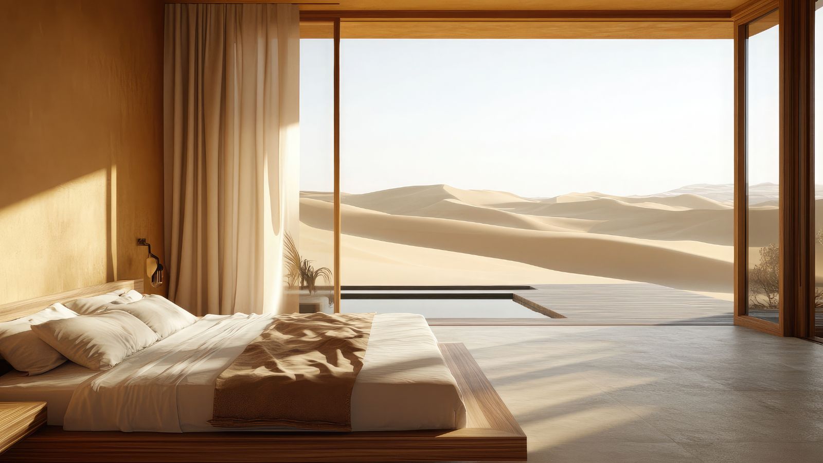 Minimalist bedroom with a low wooden bed, neutral decor, and large windows facing sand dunes and a private desert pool.