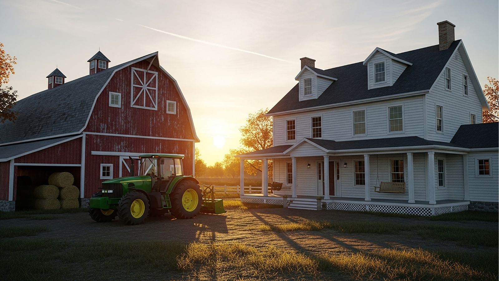 A green tractor sits between a red barn with hay bales and a white farmhouse during sunset.