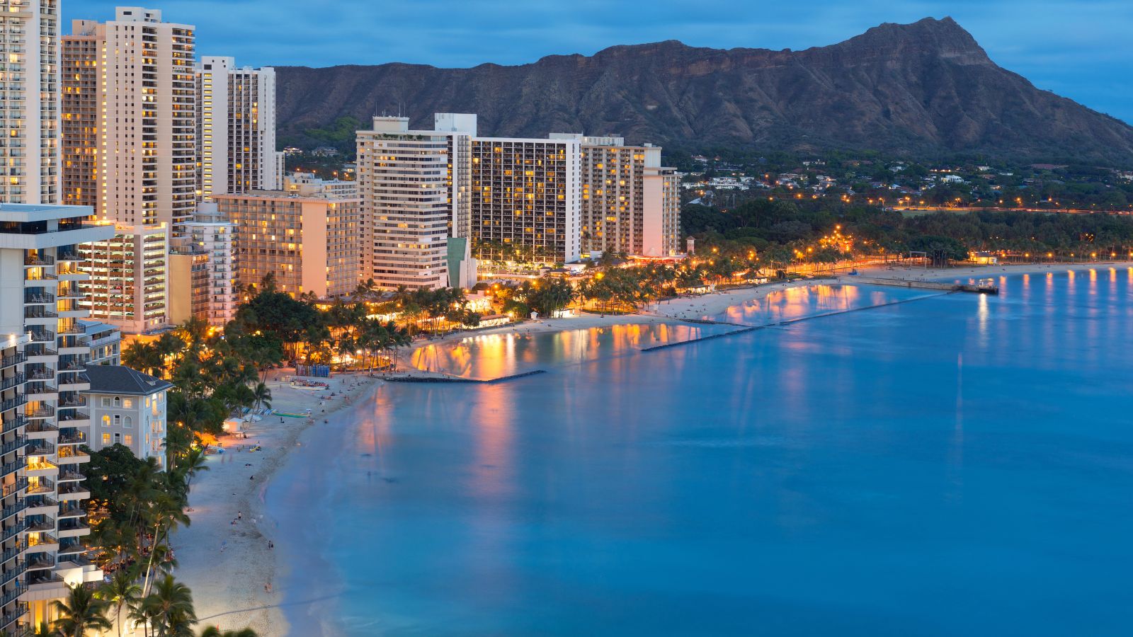 Waikiki beachfront in Honolulu at dusk, with high-rise hotels along the shore and Diamond Head volcano in the background.