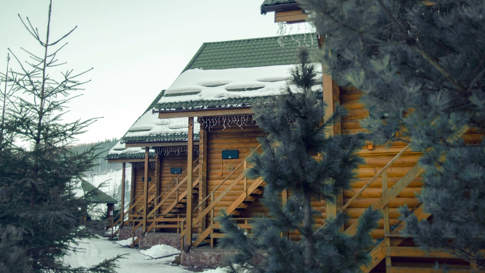 Wooden cabins with green roofs and snow on the steps sit among evergreen trees in a wintry landscape.