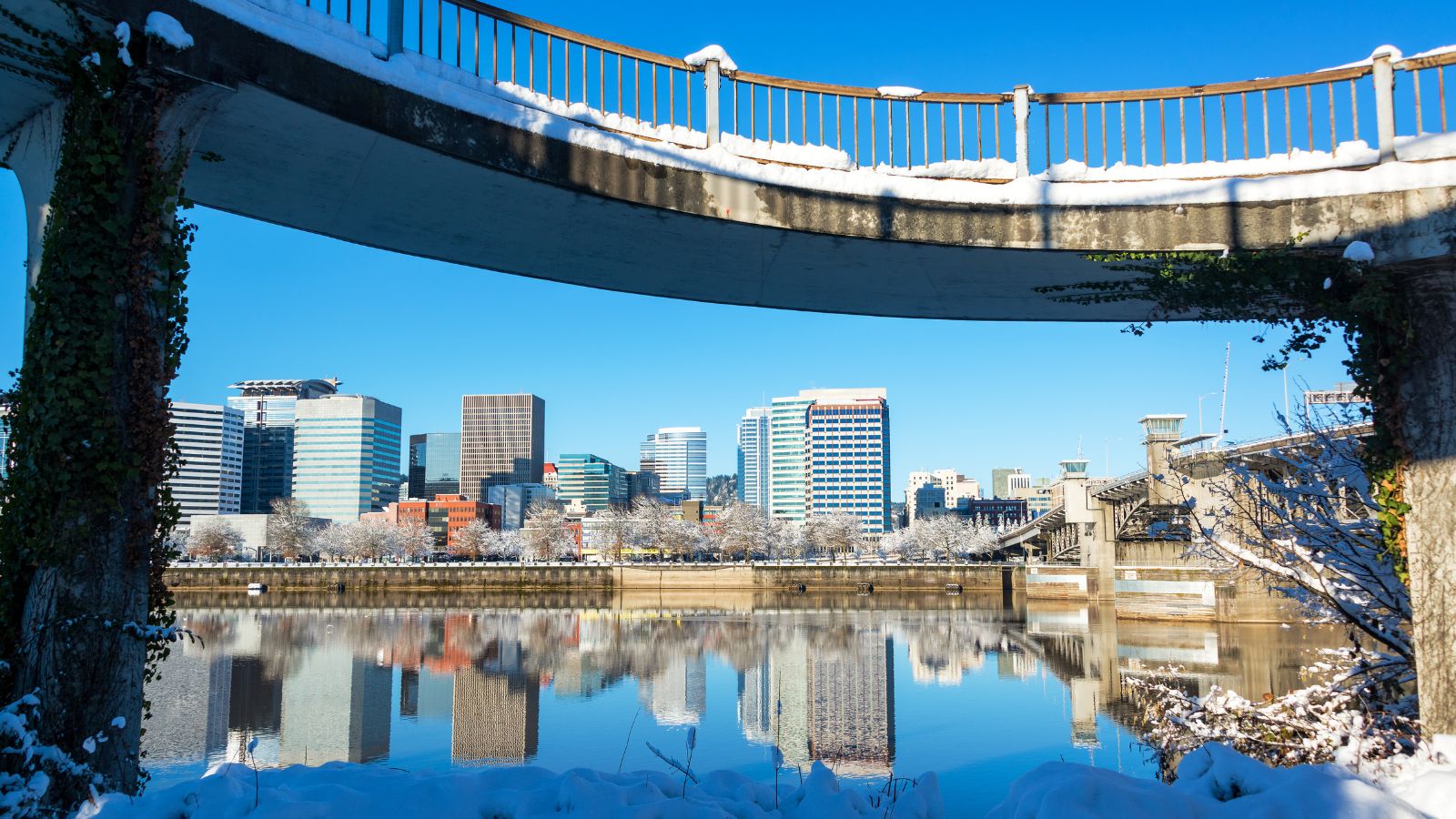 Modern city skyline reflected in a river, seen from beneath a snow-covered curved pedestrian bridge on a clear winter day.