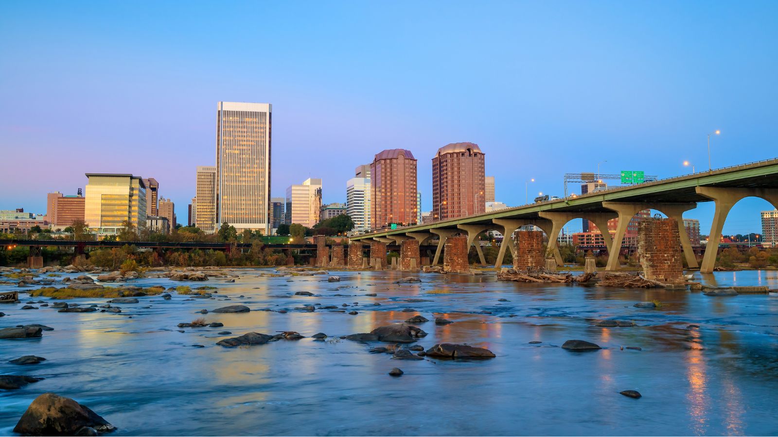 Modern city skyline and bridge over a river at sunset, reflected in the calm water.