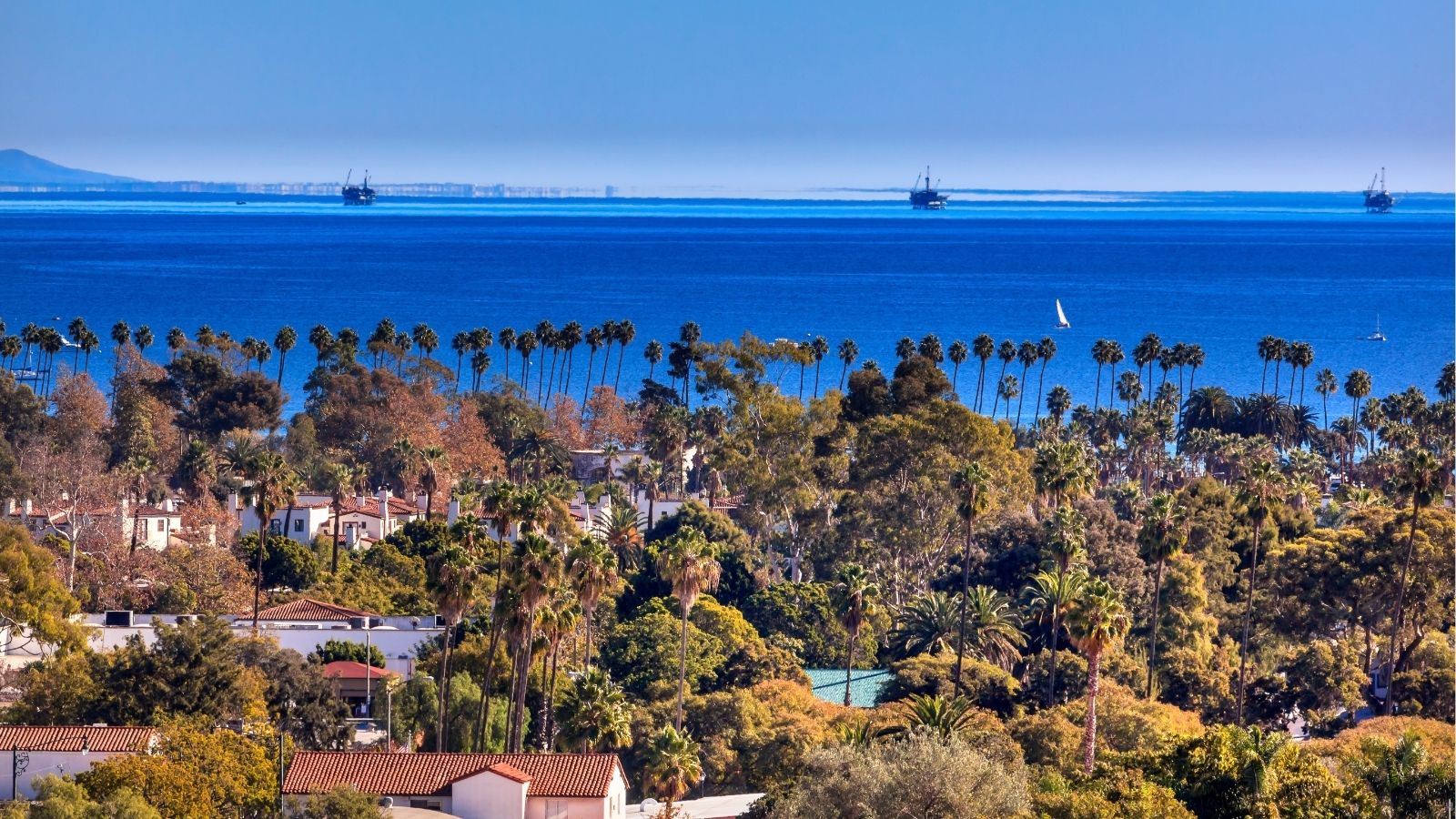 Coastal city with palm trees and houses overlooks the ocean, where oil rigs and a sailboat sit beneath a clear blue sky.