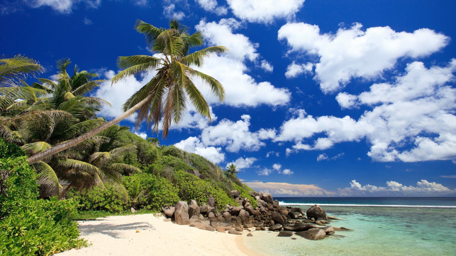 Tropical beach with palm trees, white sand, rocks, and clear blue water beneath a bright sky with scattered clouds.