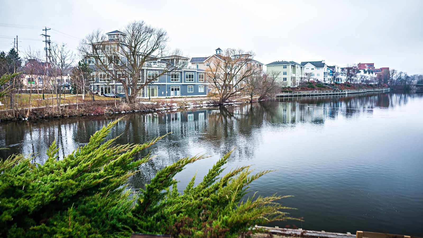 An overcast sky casts a calm river reflecting waterfront houses and bare trees, with green shrubs in the foreground.