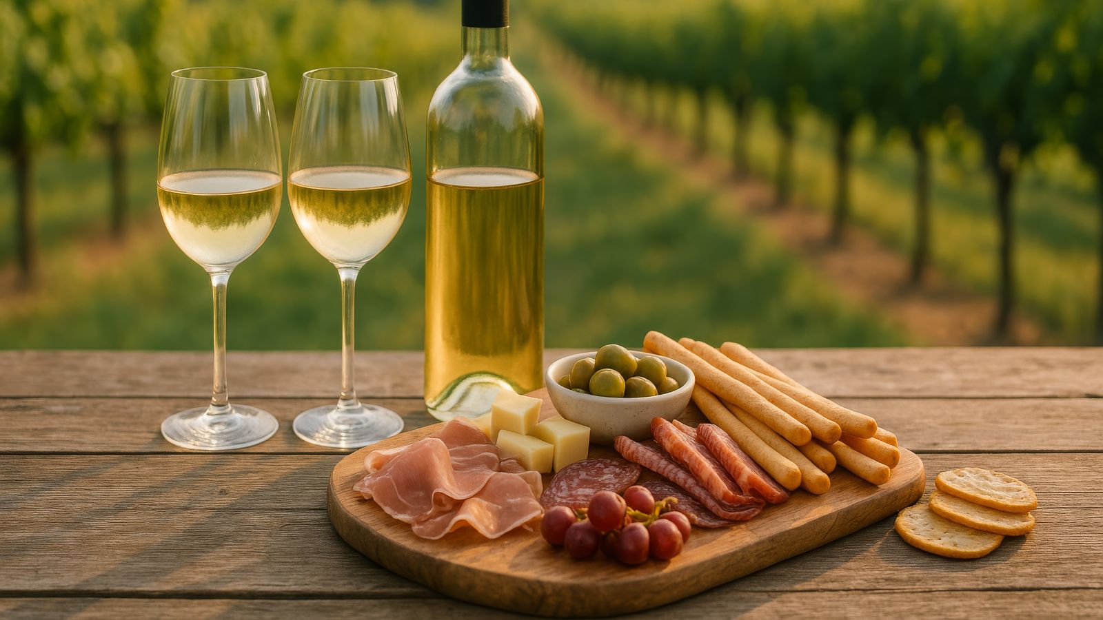 Charcuterie board and white wine sit on a wooden table set outdoors in a vineyard.