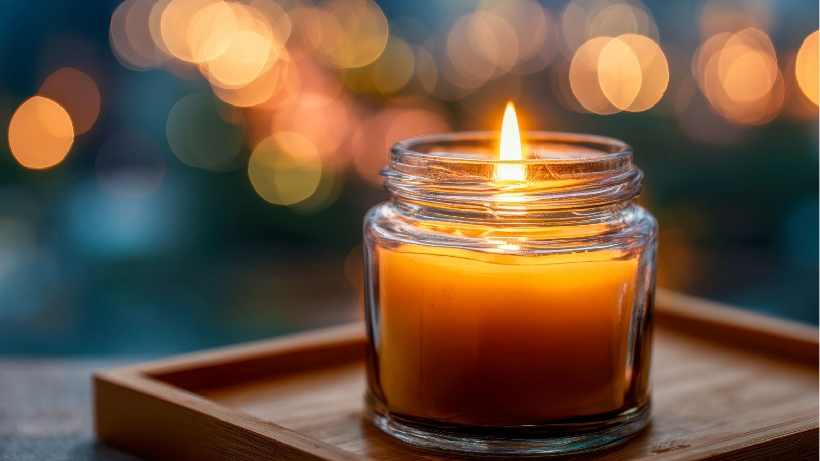 A lit orange candle in a glass jar rests on a wooden tray, backed by warm, blurred lights.
