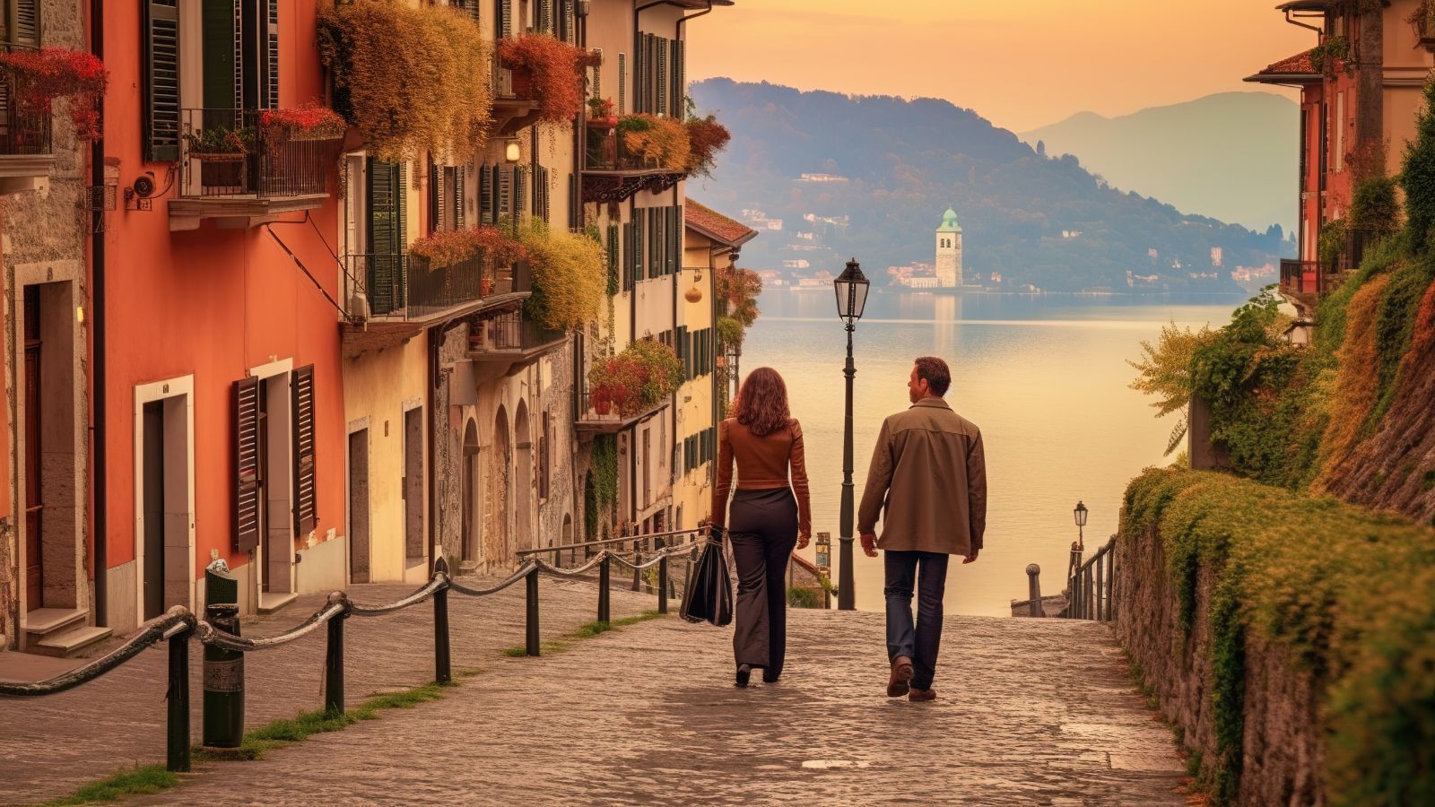 A photo of Couple strolling quietly at sunset near water or historic streets, warm golden light, calm and connected mood.