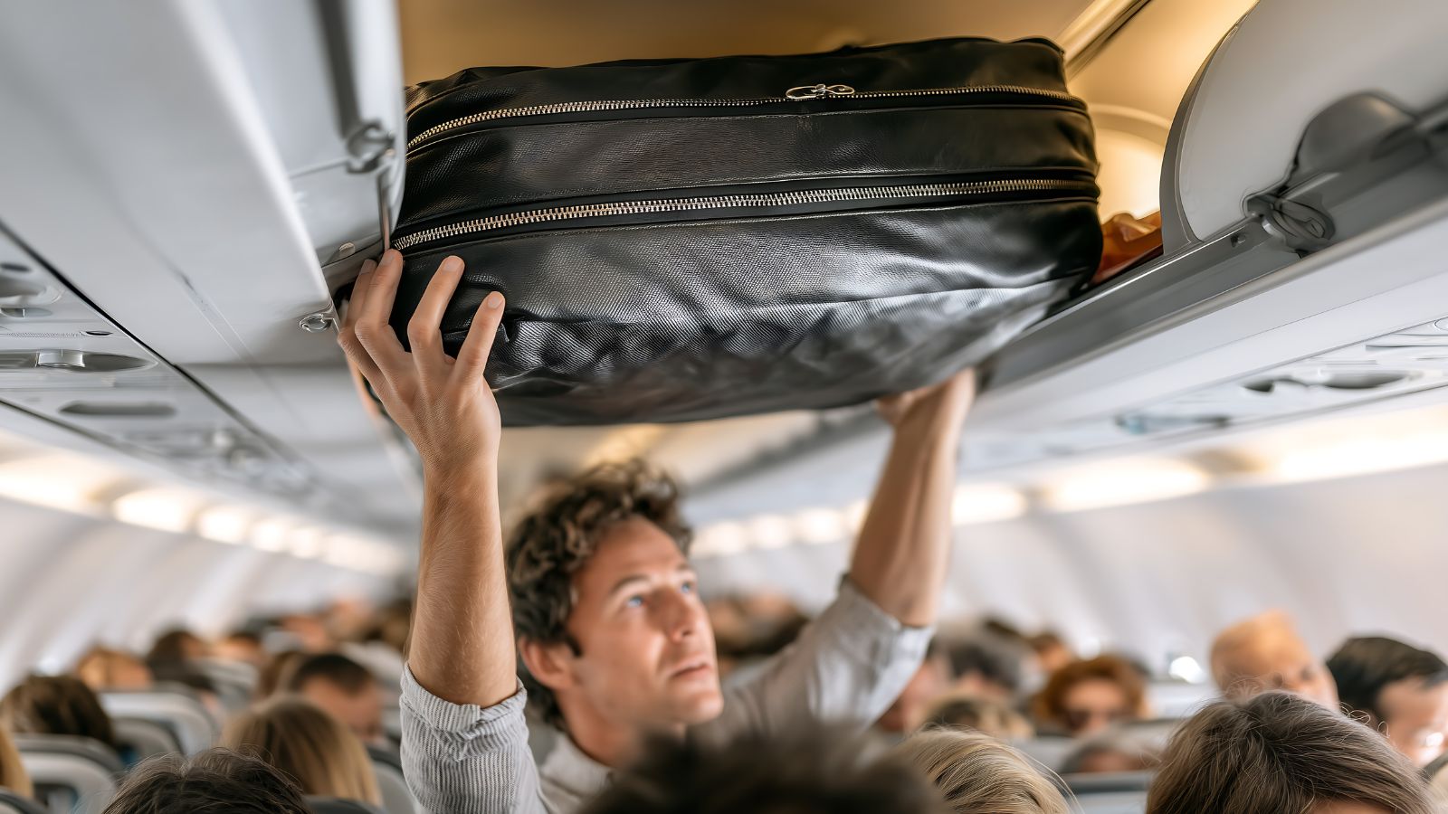 A picture of a man standing arranging his luggage