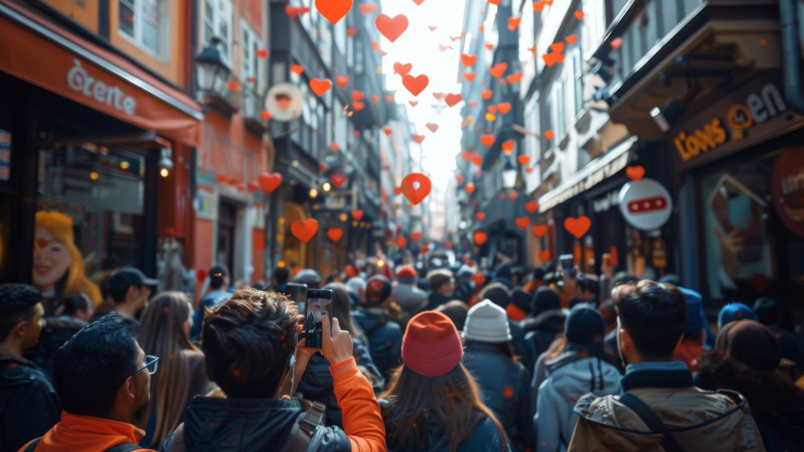 A photo of Crowded narrow street in a popular tourist area.