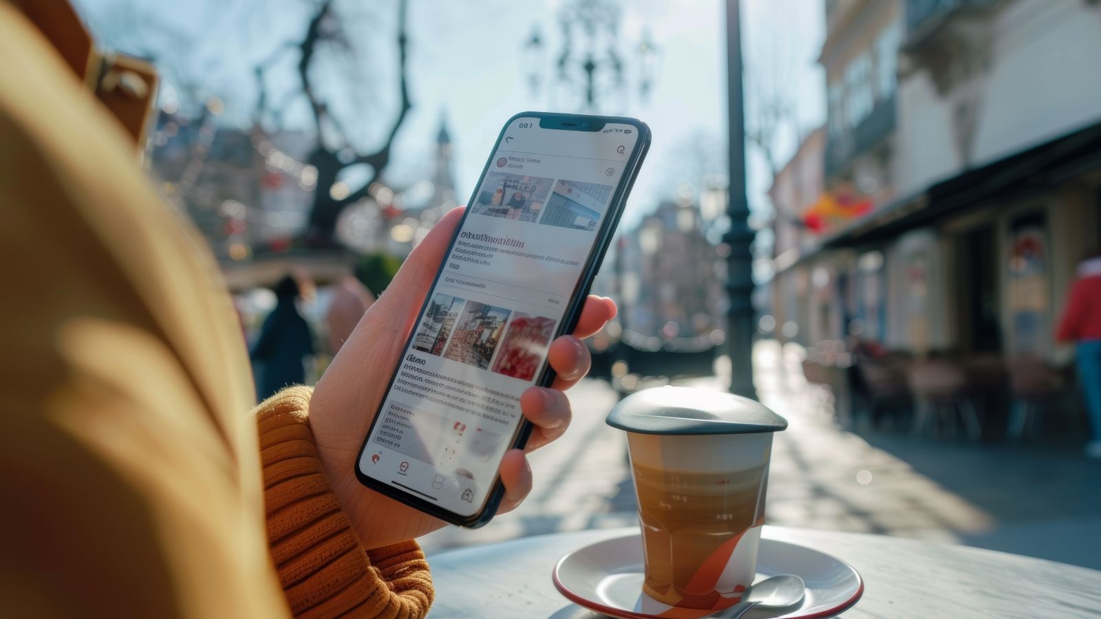 A photo of a Traveler holding a smartphone with a social media app open.