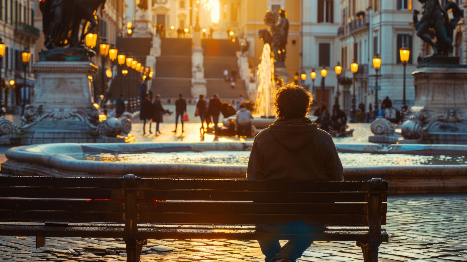 A person sits alone on a bench facing a fountain at sunset in a city square, with people and statues in the background.