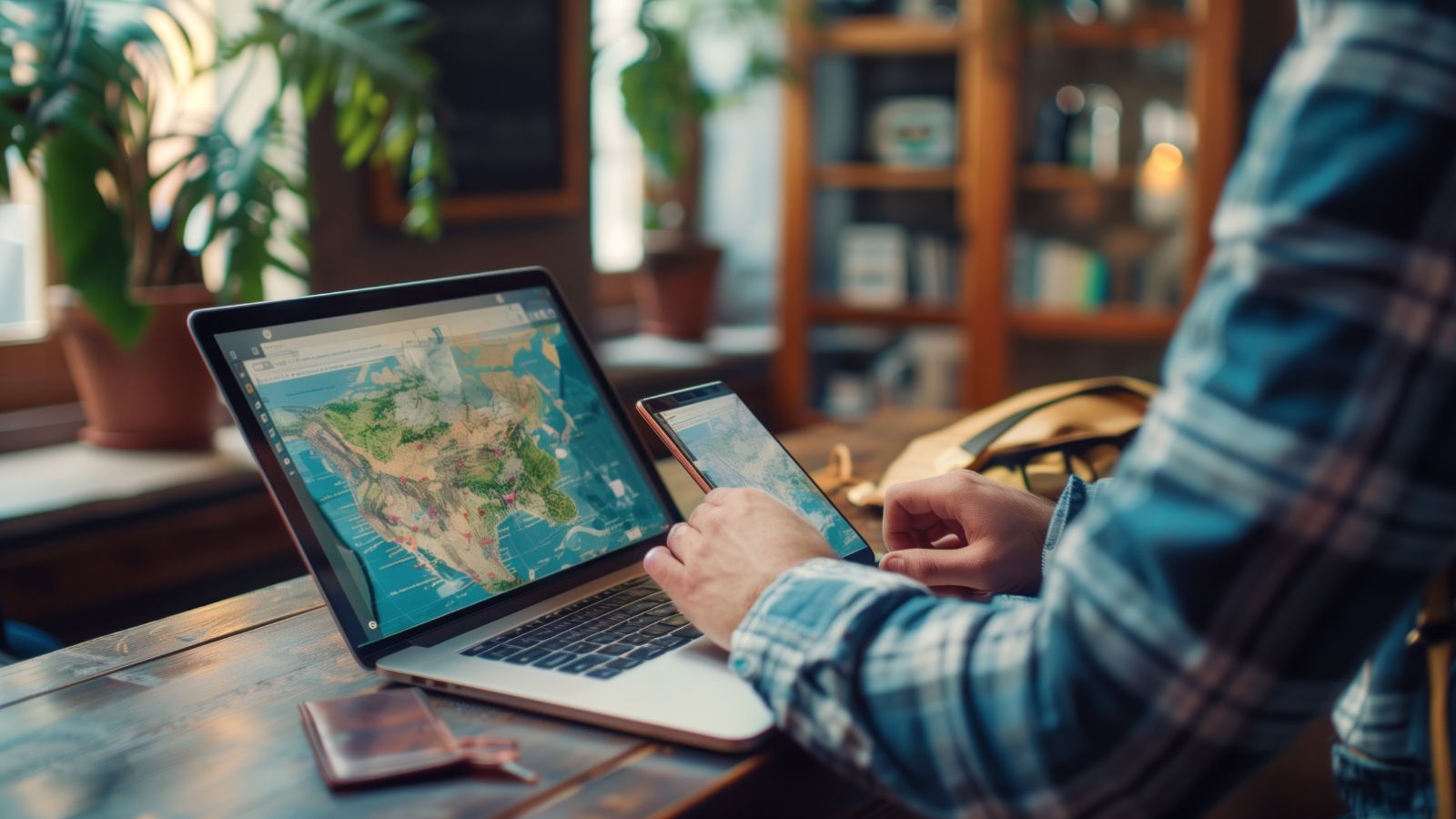 A photo of a Traveler reviewing travel information on a smartphone or laptop.
