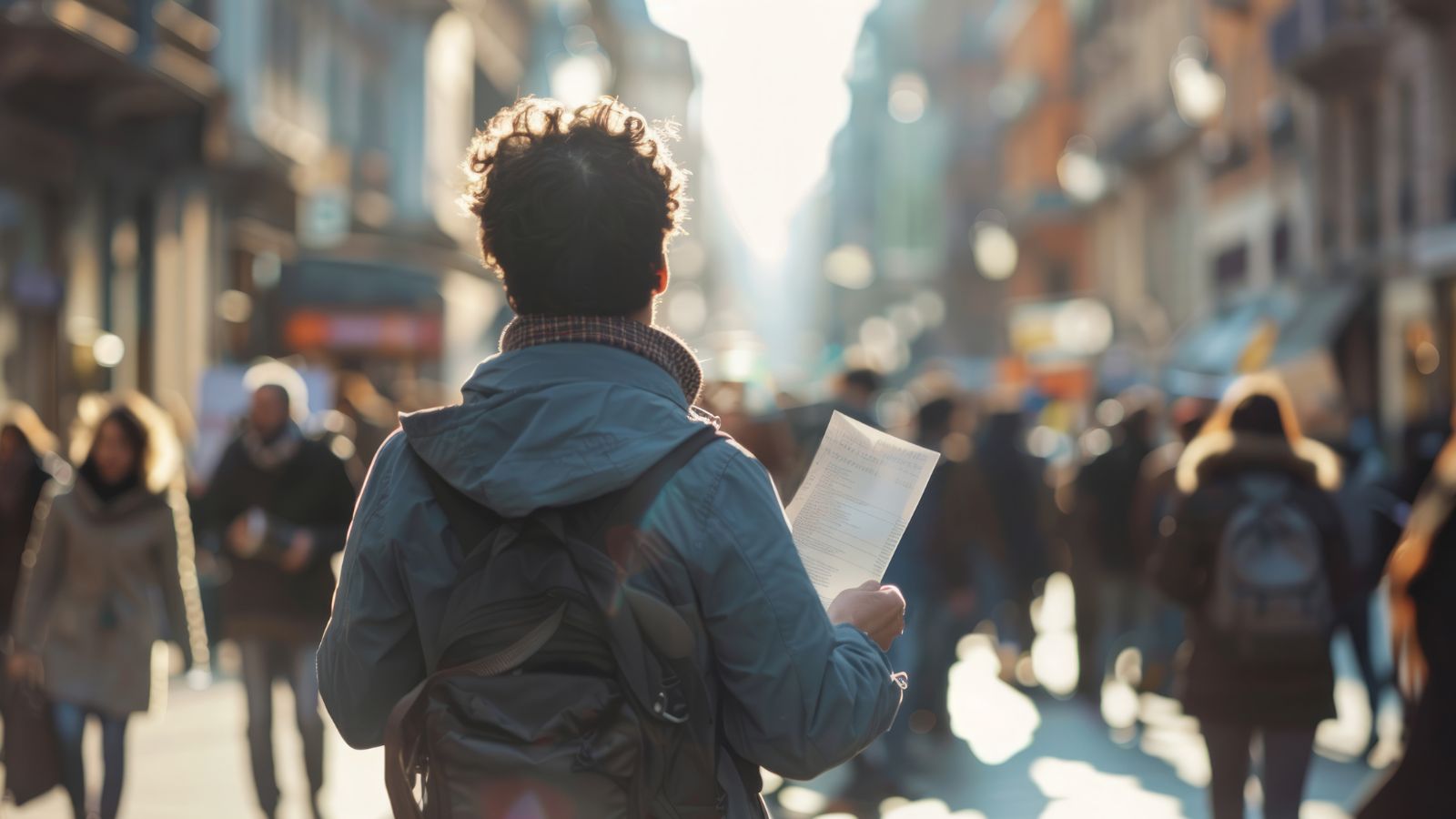 A photo of a Solo traveler standing in a busy foreign city street, surrounded by people.