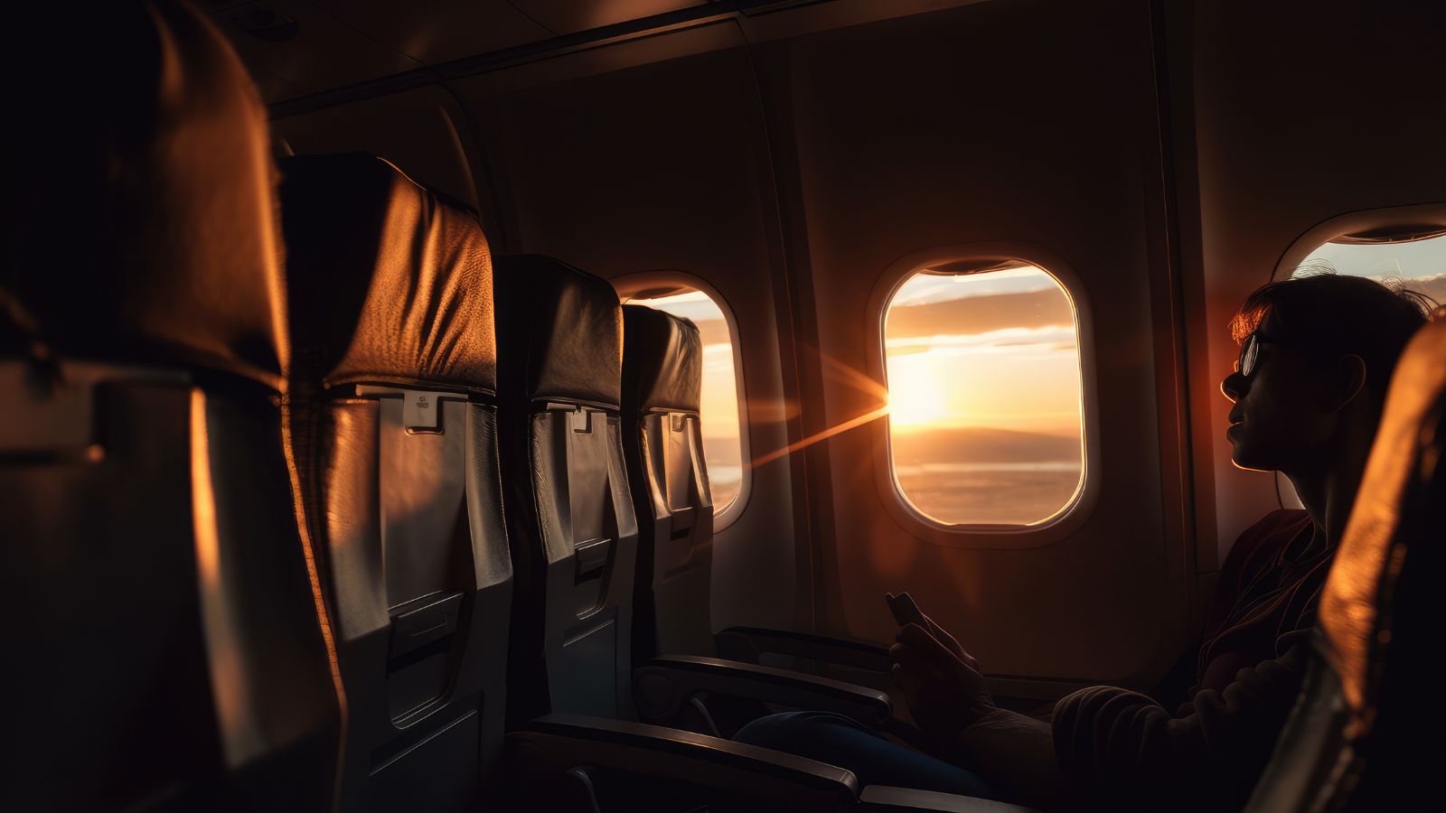 A photo of a passenger seating calmly enjoying the beauty of sunset.