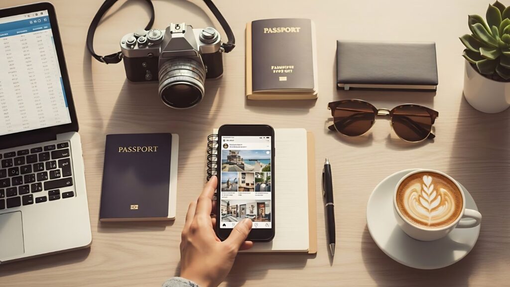 A photo of Traveler scrolling on a phone with Instagram-style travel photos while sitting at a desk with passport, notebook, and laptop.