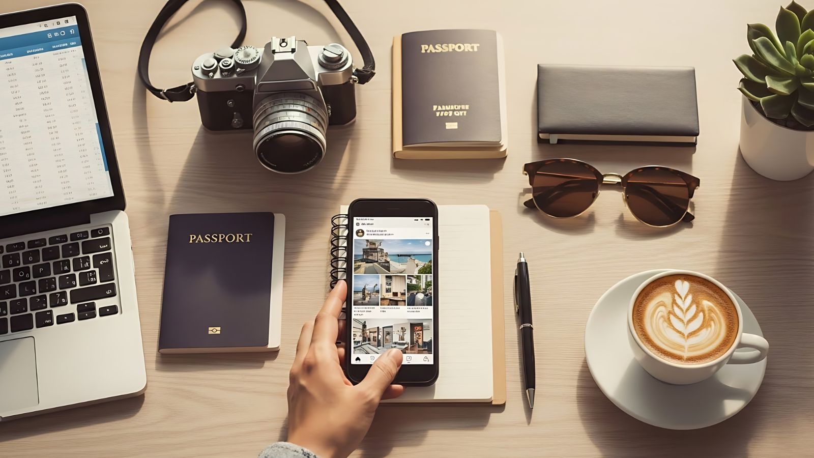 A photo of Traveler scrolling on a phone with Instagram-style travel photos while sitting at a desk with passport, notebook, and laptop.