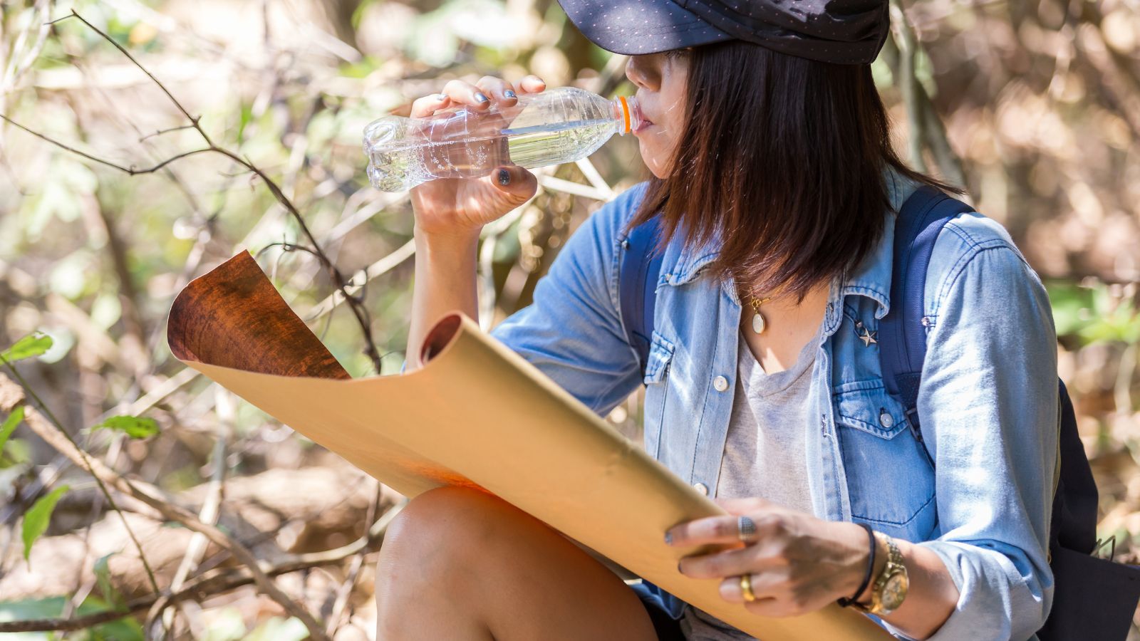 A photo of Close-up of water bottle, map, and sunhat on trail; hiker checking directions.