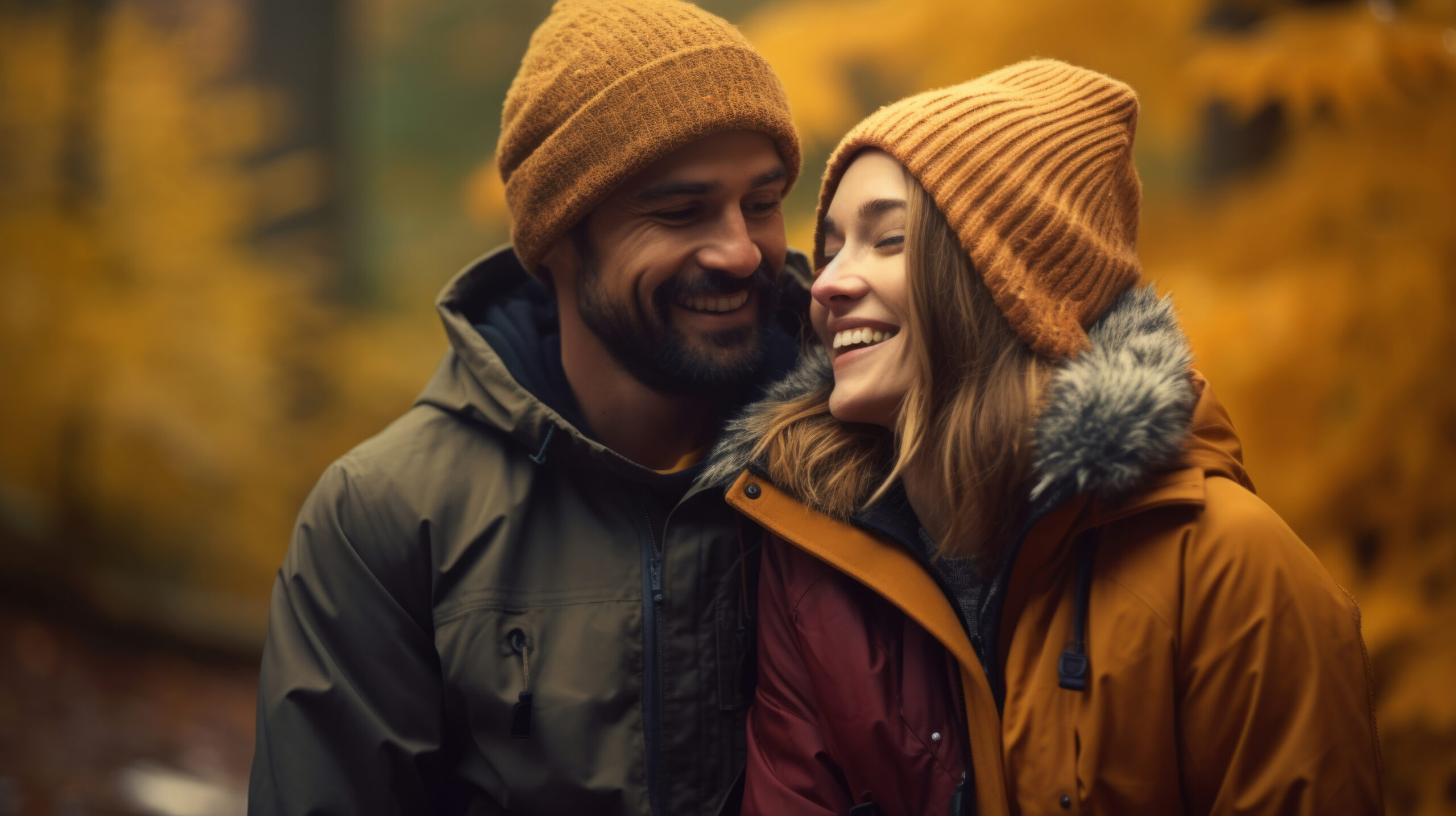 Happy couple in a autumn forest. Young couple in love having fun enjoying nature.