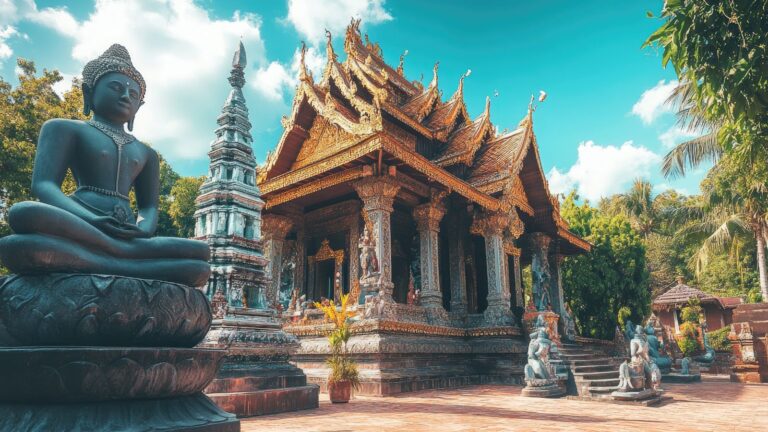A photo of Buddhist temple in Thailand with Buddha statue.