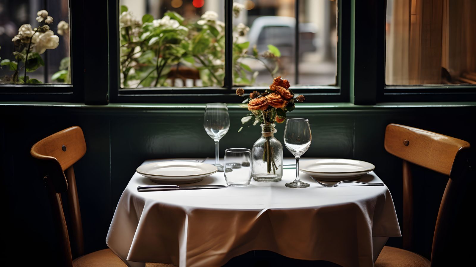 A romantic table for two in a quiet dining room after 8:30 p.m., gentle lighting, wine glasses, relaxed and cozy ambiance, empty space around the couple