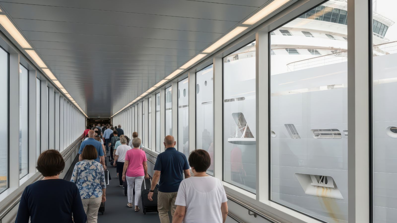 A photo of travelers arriving relaxed carrying luggage calm expression.