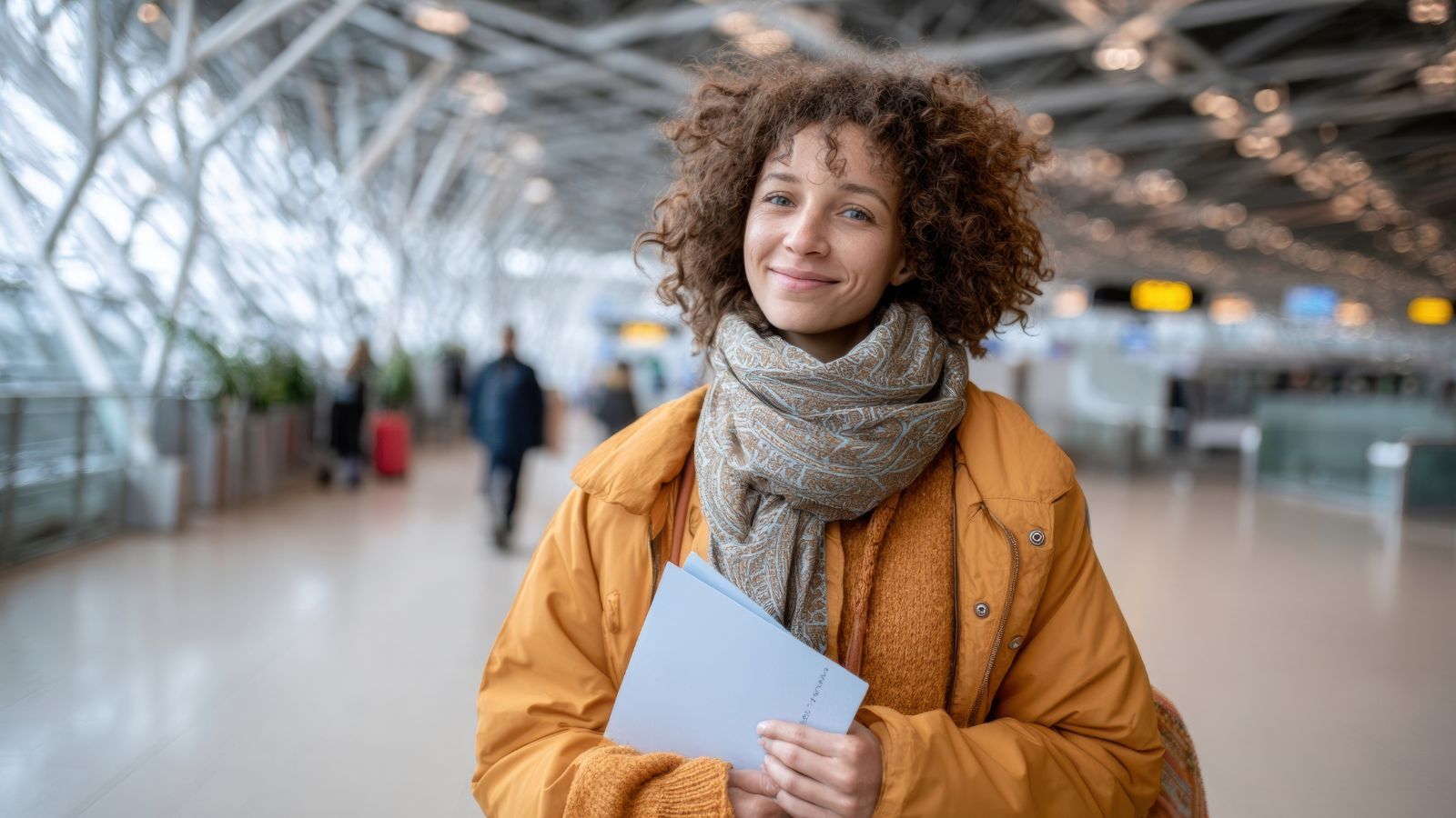A curly-haired person in a yellow jacket smiles, holding travel documents in a modern airport terminal.