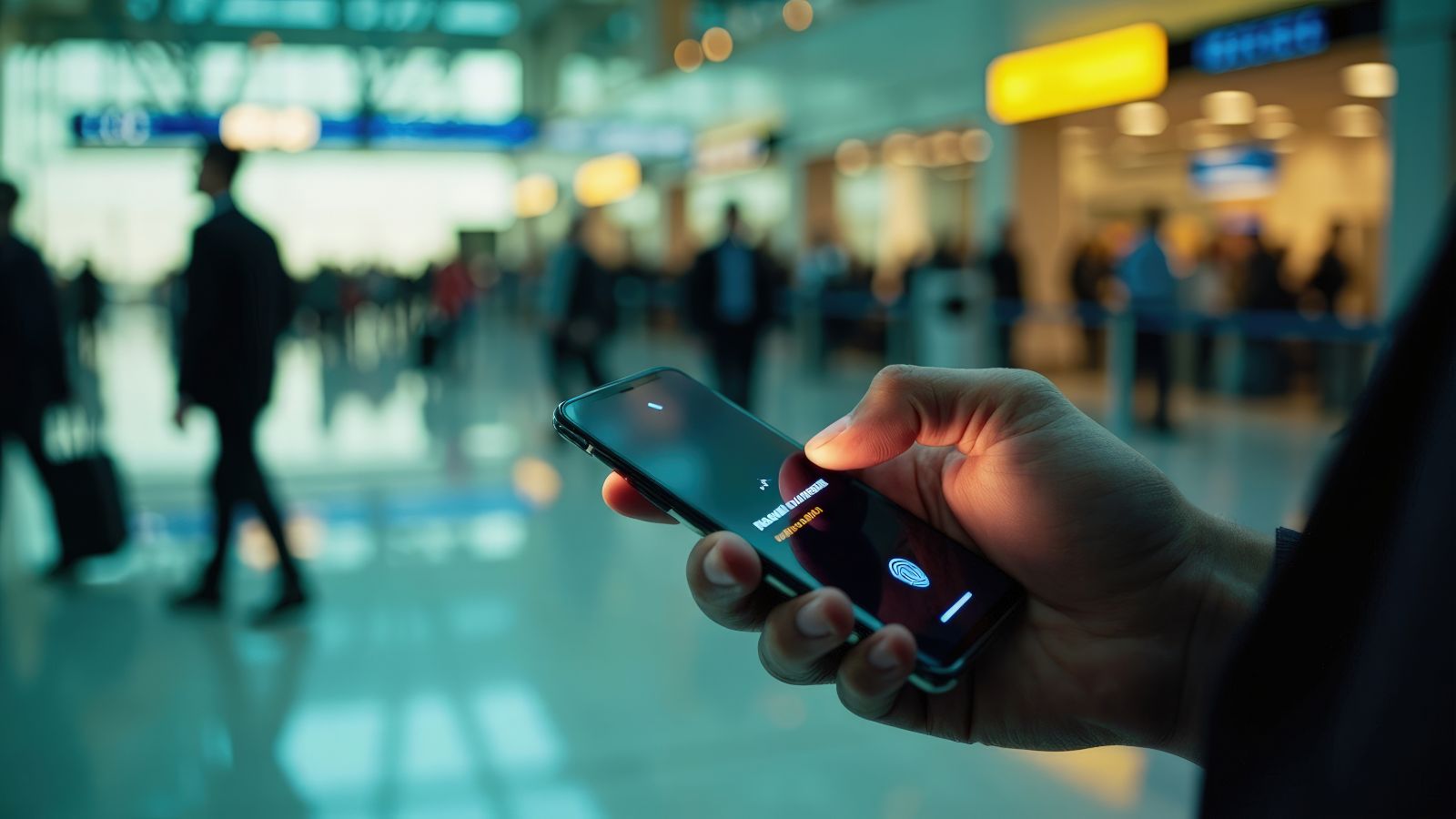 Someone holds a smartphone with a fingerprint login screen in a bustling airport terminal as travelers walk behind.