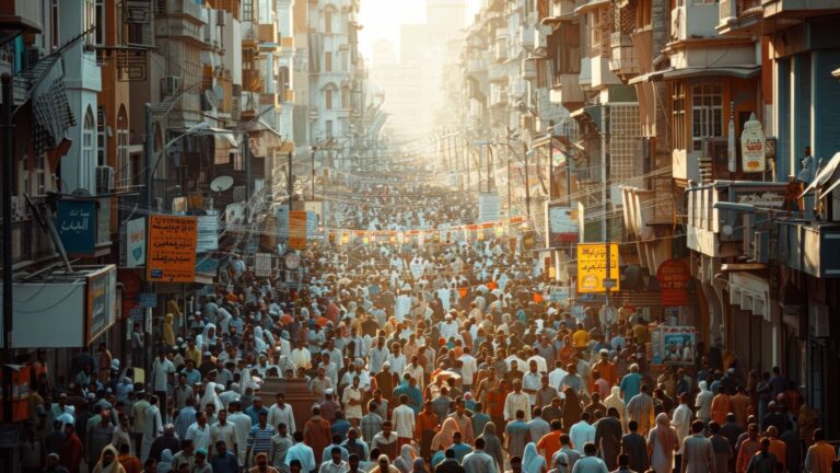 A photo of a Crowded city street abroad.