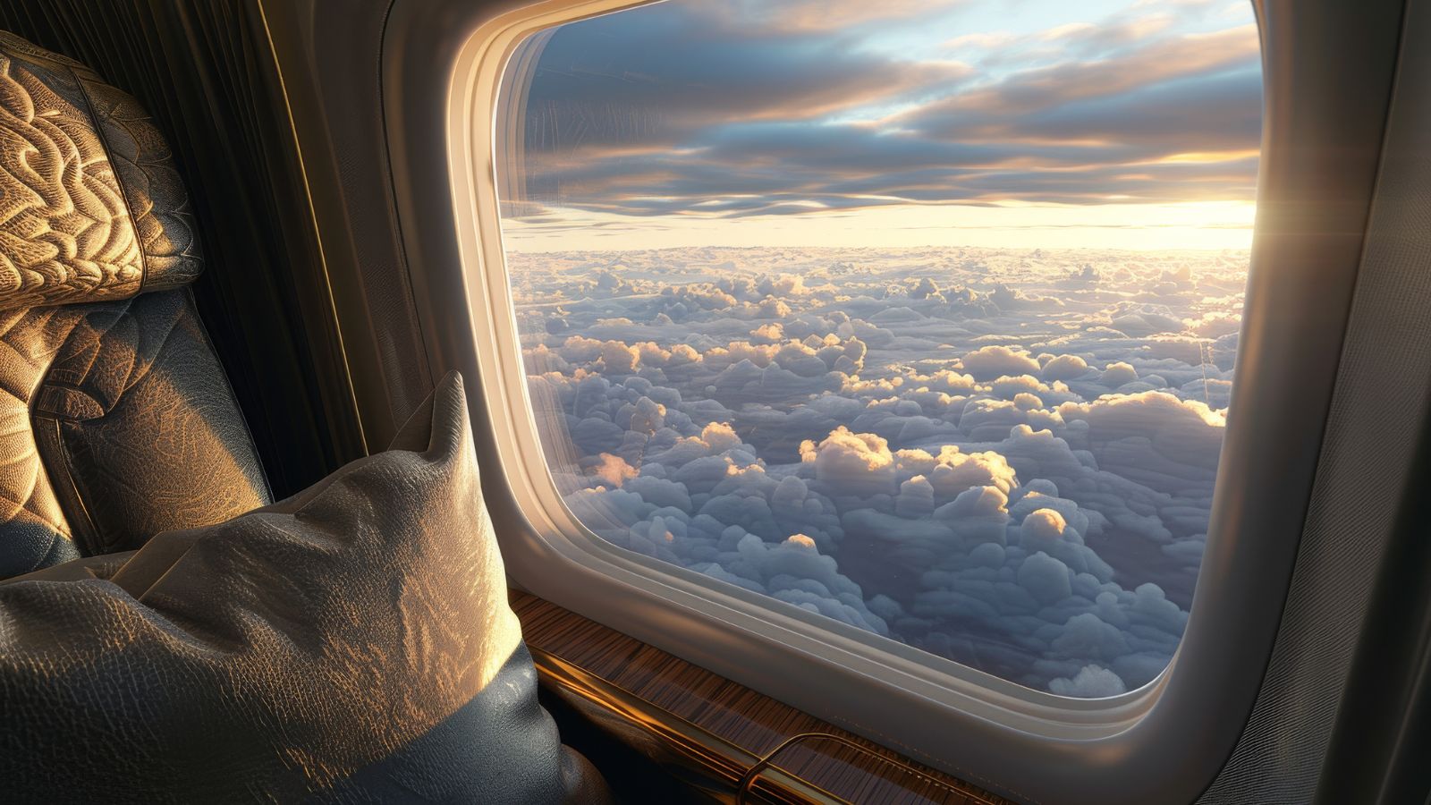 A photo of Commercial airplane cabin in business class with large window view of clouds.