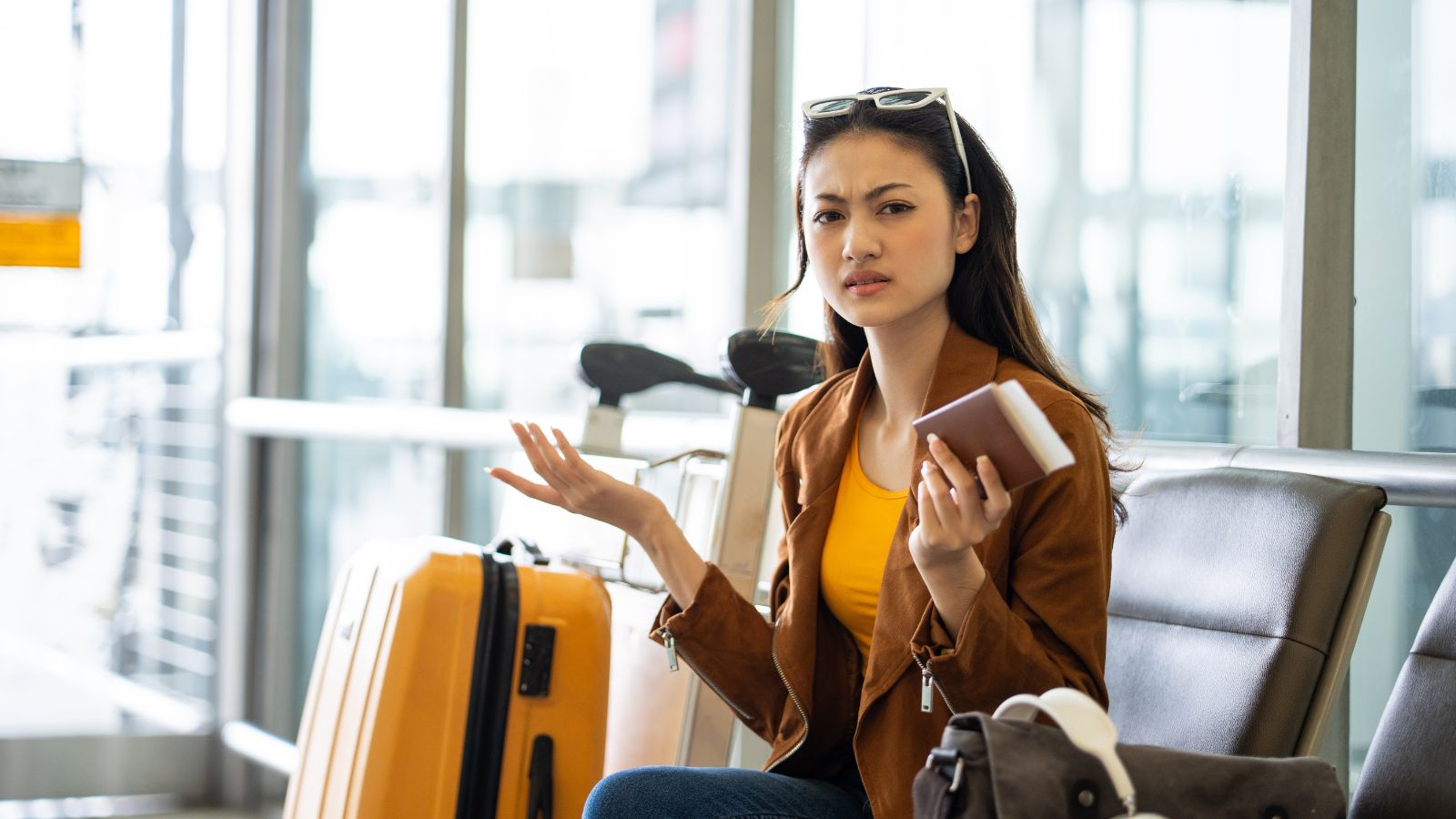 A woman sits on a bench beside her luggage.