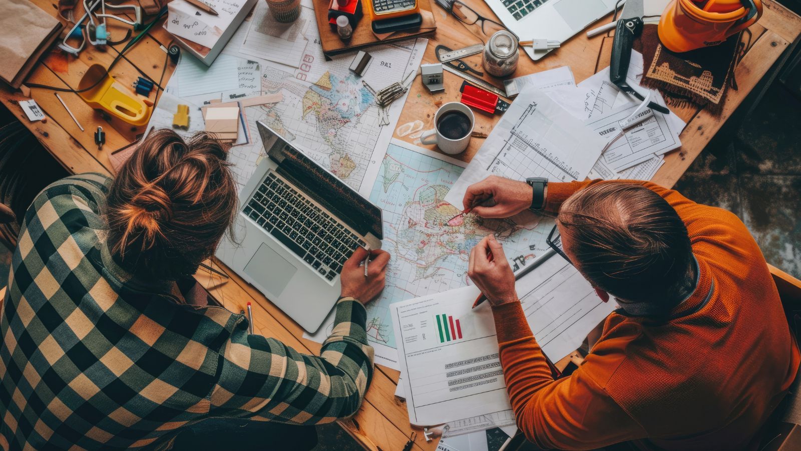 A photo of Couple sitting at a table planning a trip together.