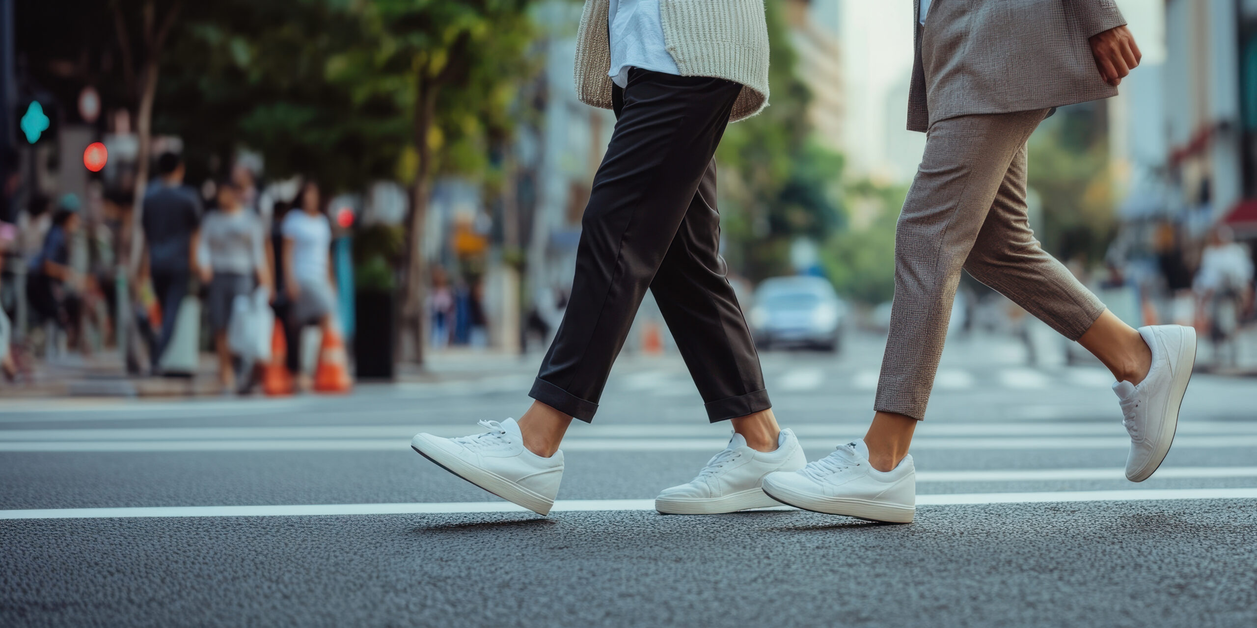 Two individuals wearing stylish outfits stroll across a busy urban intersection. The setting is vibrant with pedestrians and vehicles in the background under clear skies.