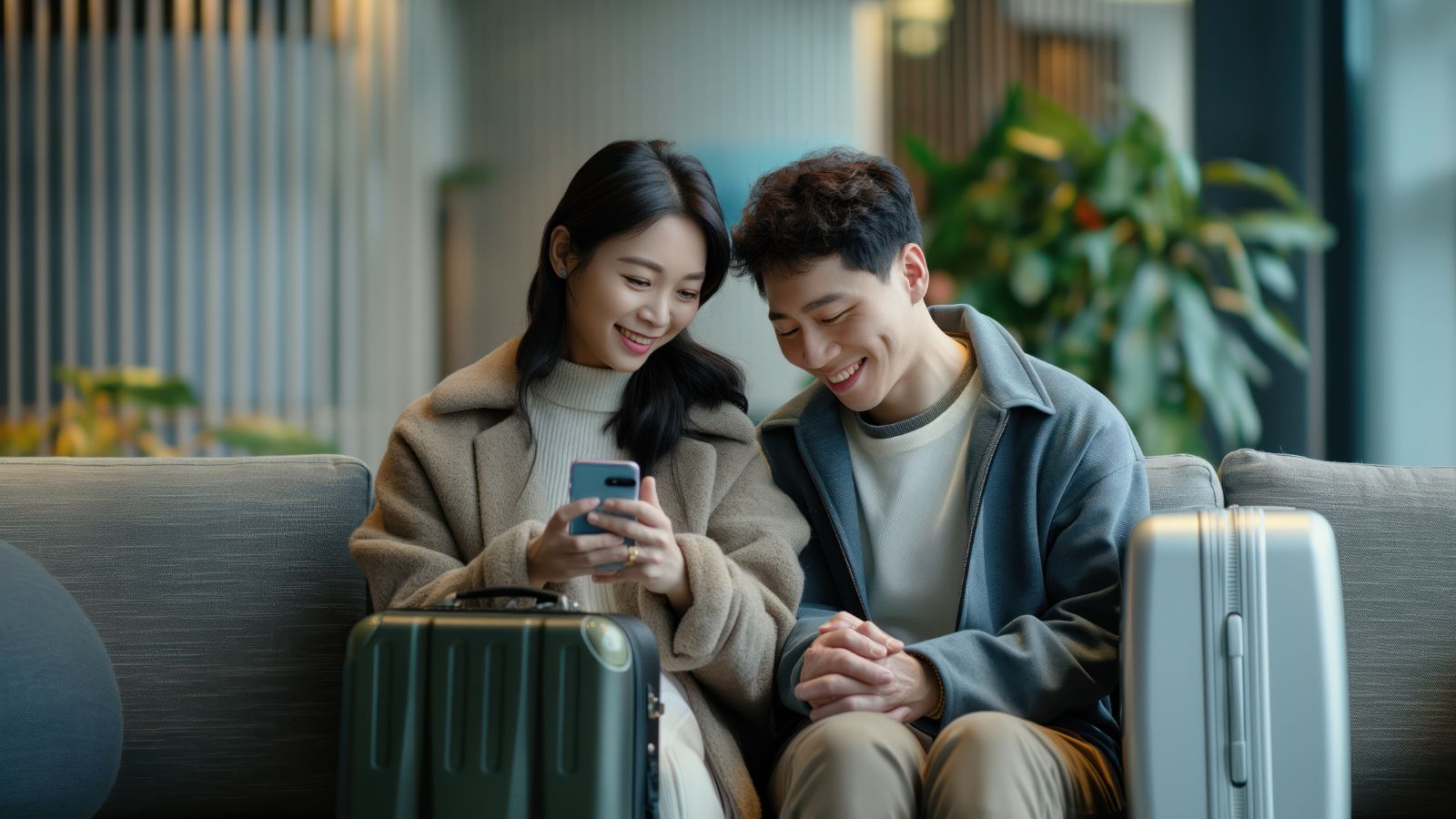 A photo  of sitting close together with luggage around them.