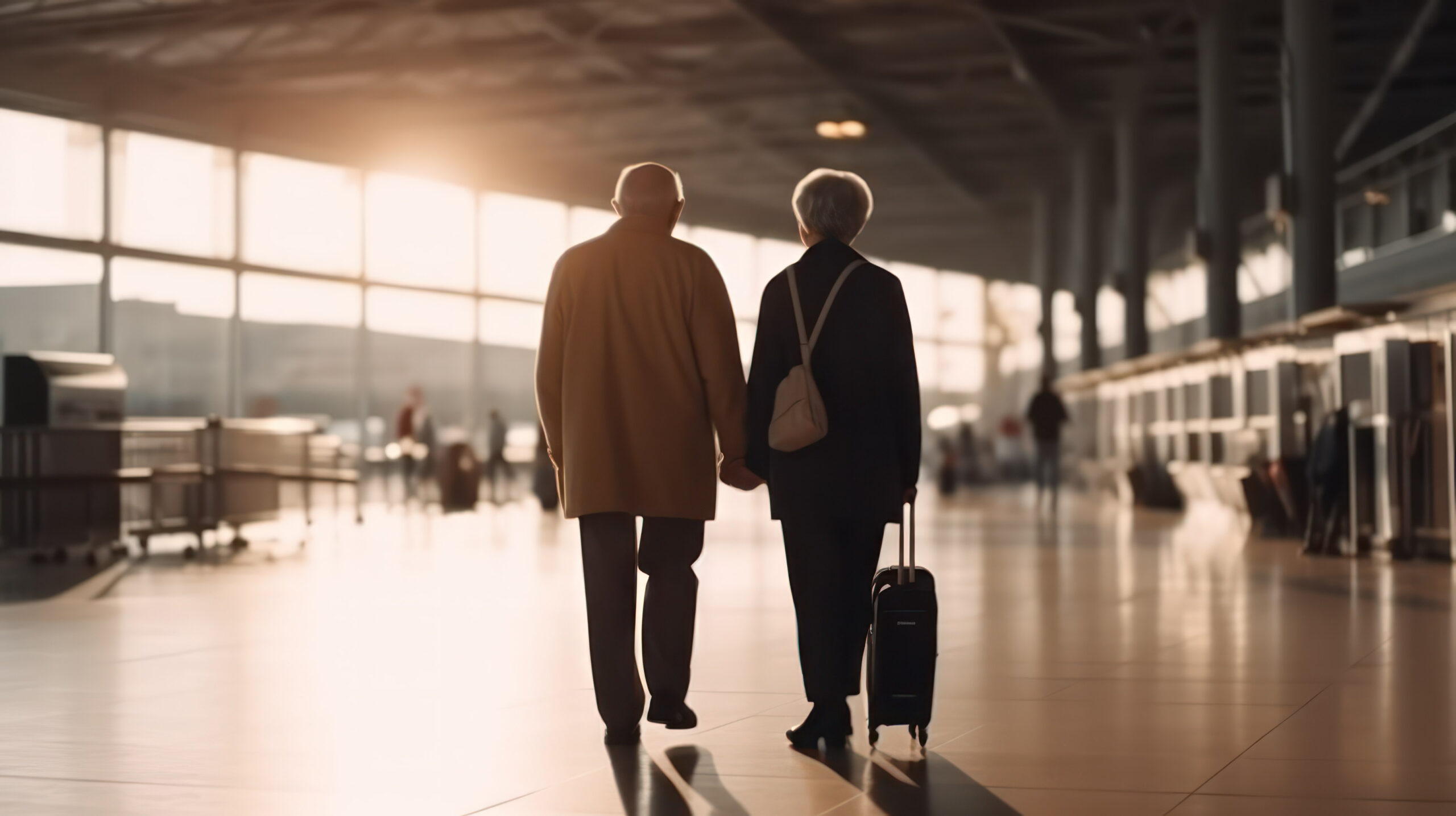 rear view of an elderly gray-haired couple, a man and a woman, walking at the train station or airport. family travel concept. day of parents, grandparents.