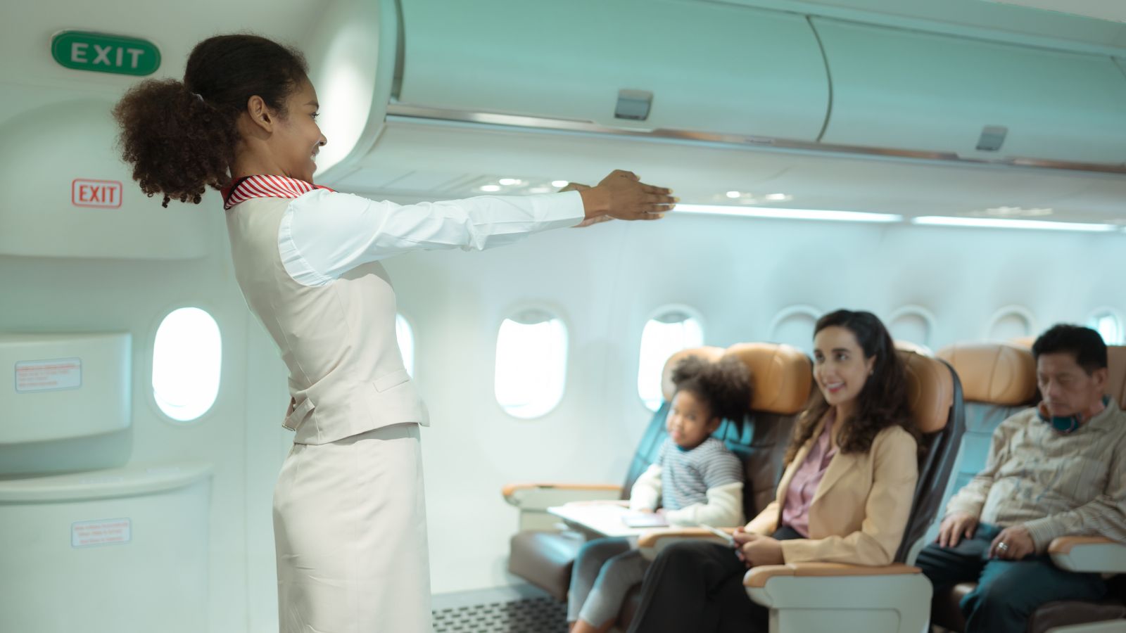 A picture of a flight attendant demonstrating to the passengers.
