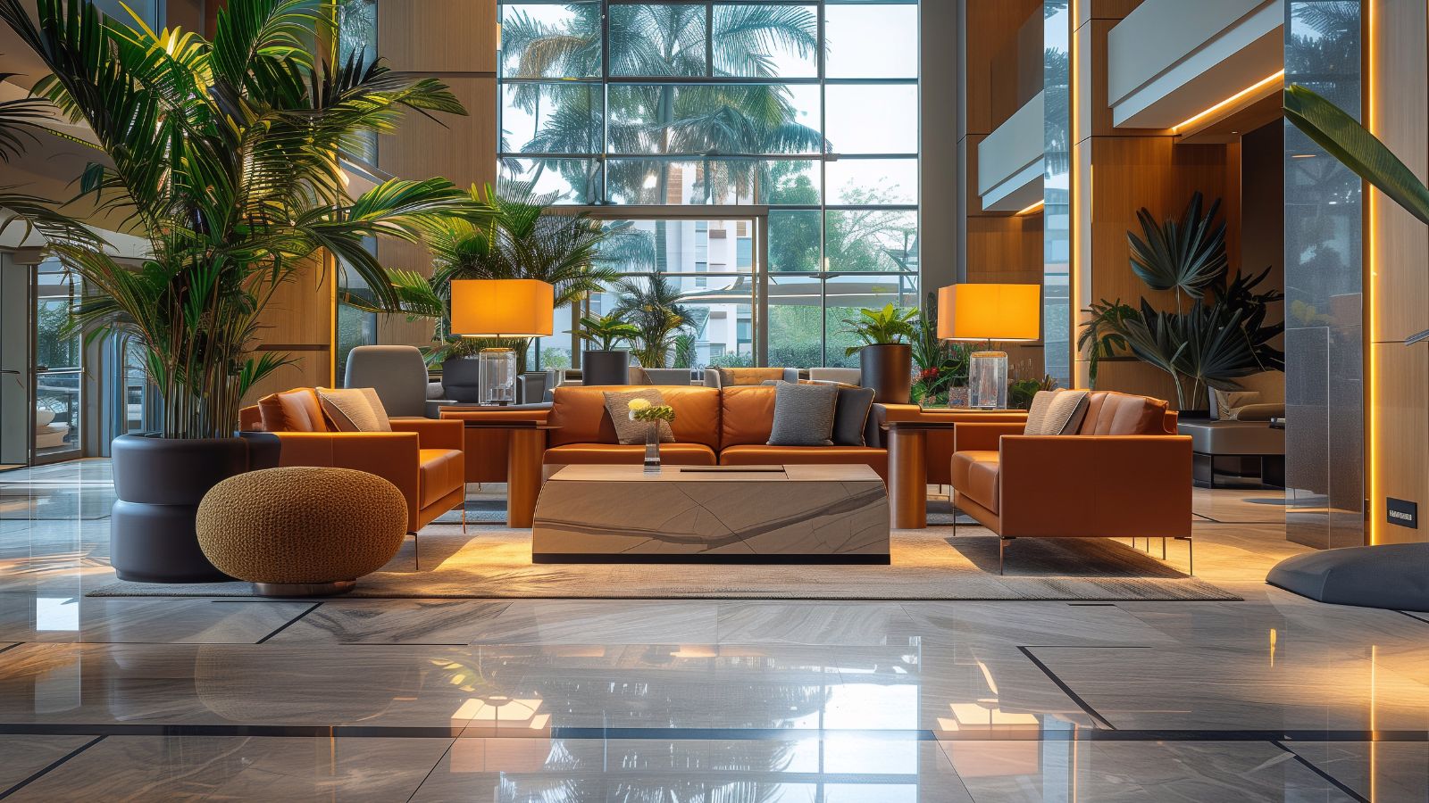 A hotel lobby interior that look calm and sophisticated. 