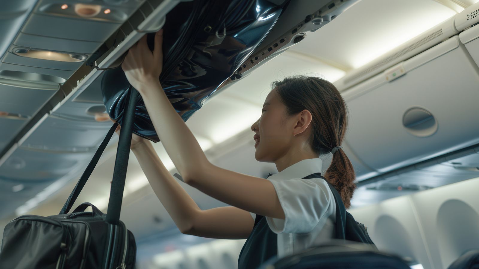 A photo of flight attendant helping passenger lift luggage.