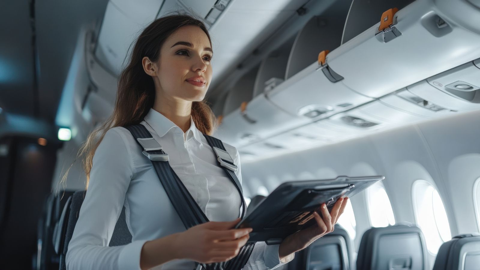 A picture of flight attendant walking airplane aisle observing passengers.